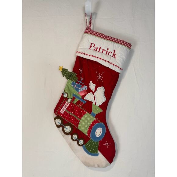Pottery Barn Kids Red & Gingham Quilted Train Christmas Stocking Mono Patrick - Picture 1 of 5